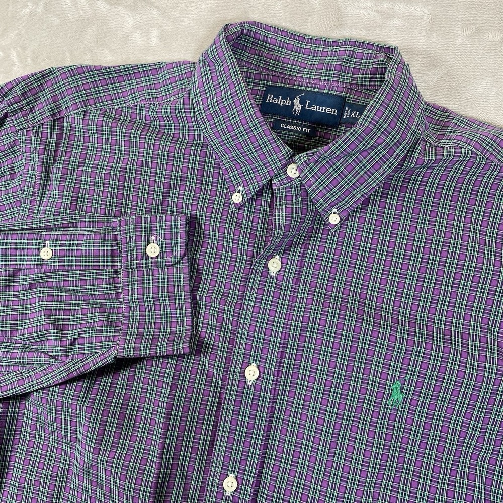 Ralph Lauren Shirt Mens XL Purple Green Check Long Sleeve Classic Fit